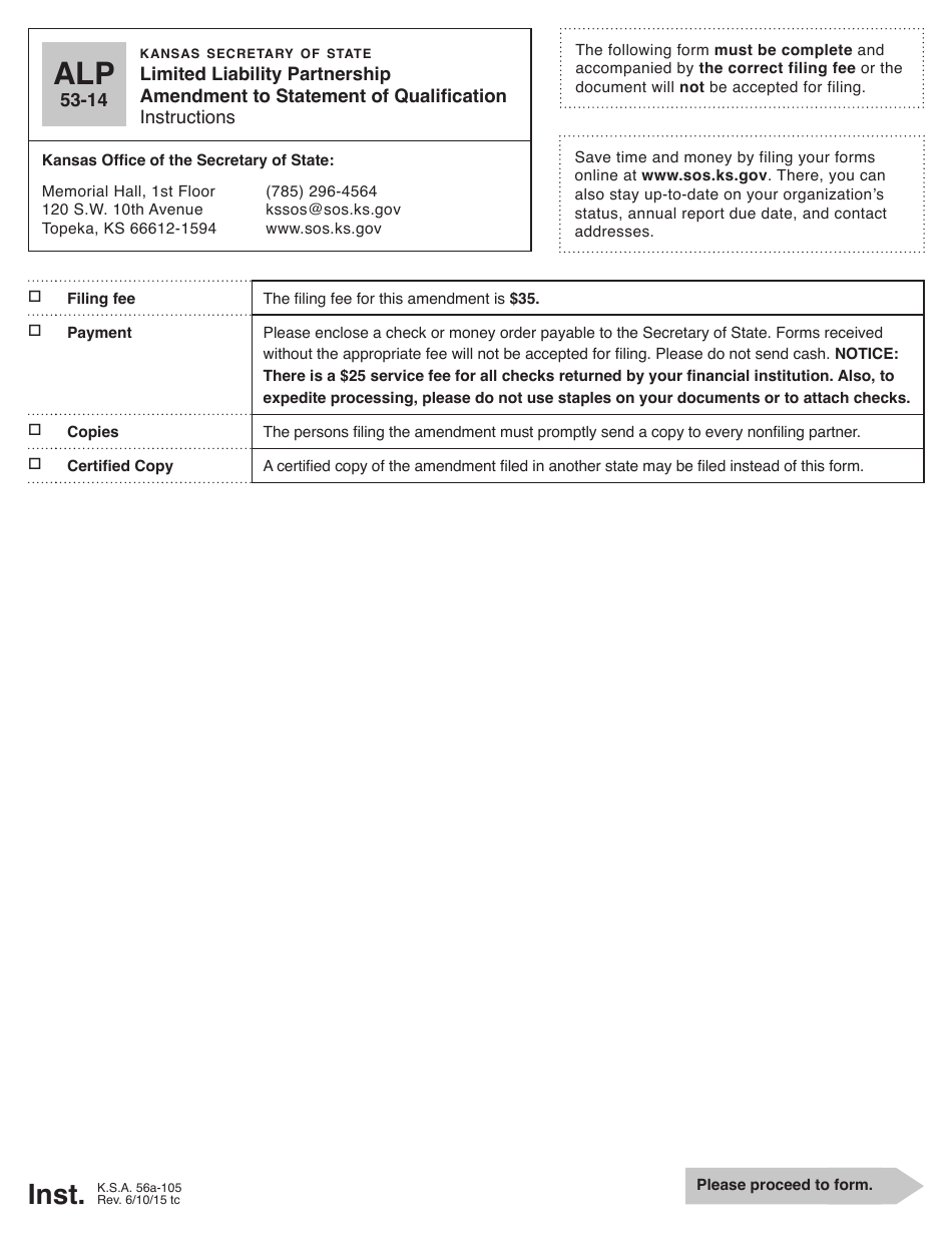 Form ALP53-14 Limited Liability Partnership Amendment to Statement of Qualification - Kansas, Page 1