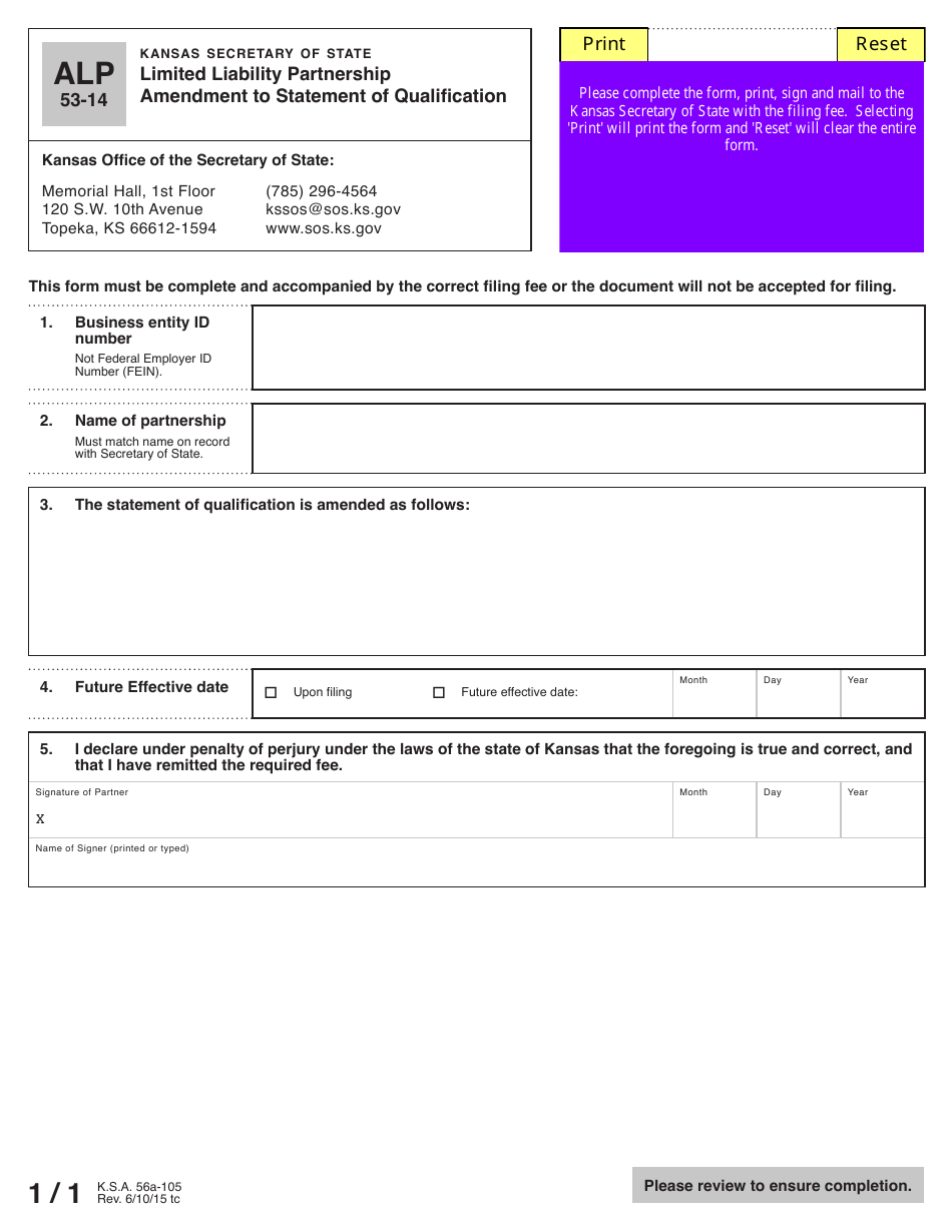 Form ALP53-14 Limited Liability Partnership Amendment to Statement of Qualification - Kansas, Page 2