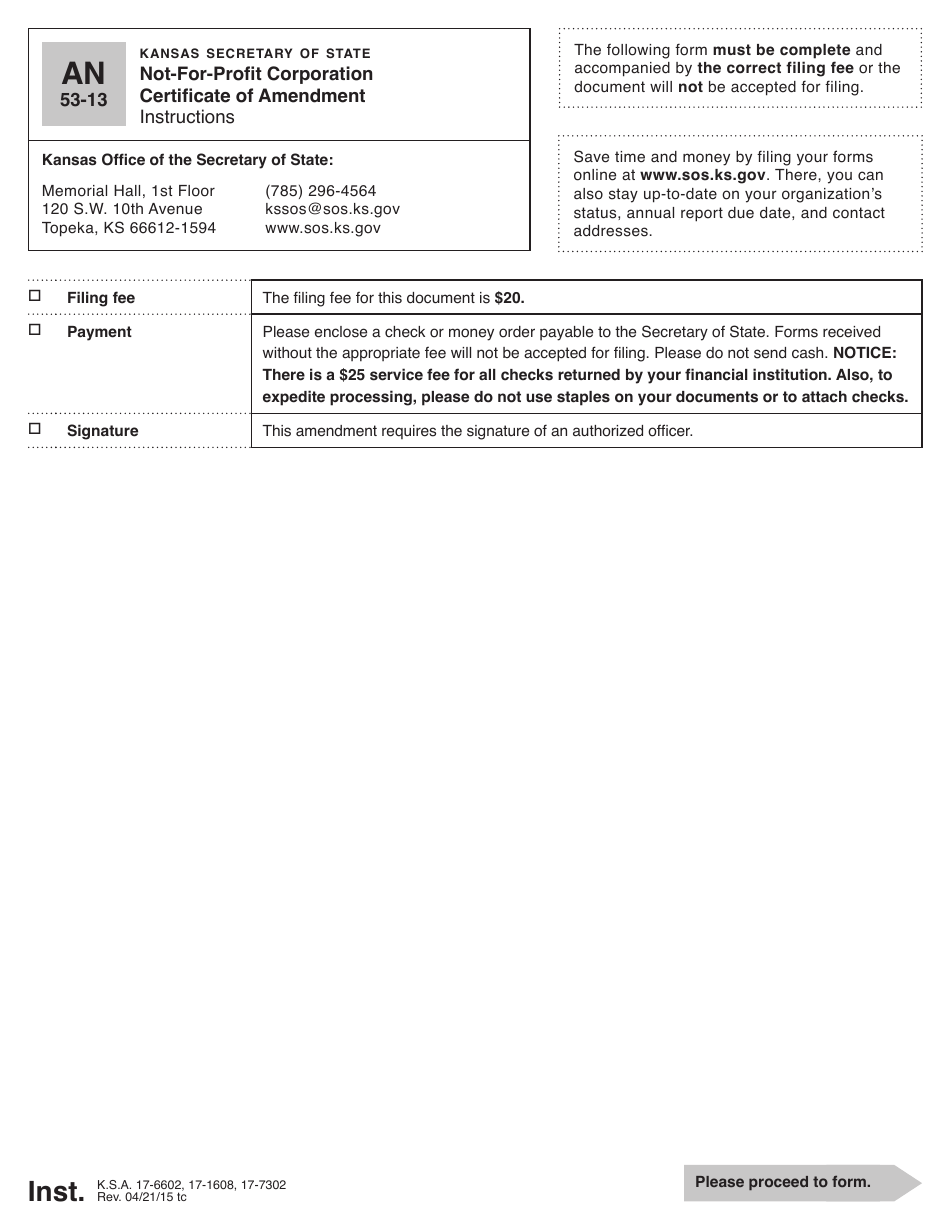 Form AN53-13 Not-For-Profit Corporation Certificate of Amendment - Kansas, Page 1
