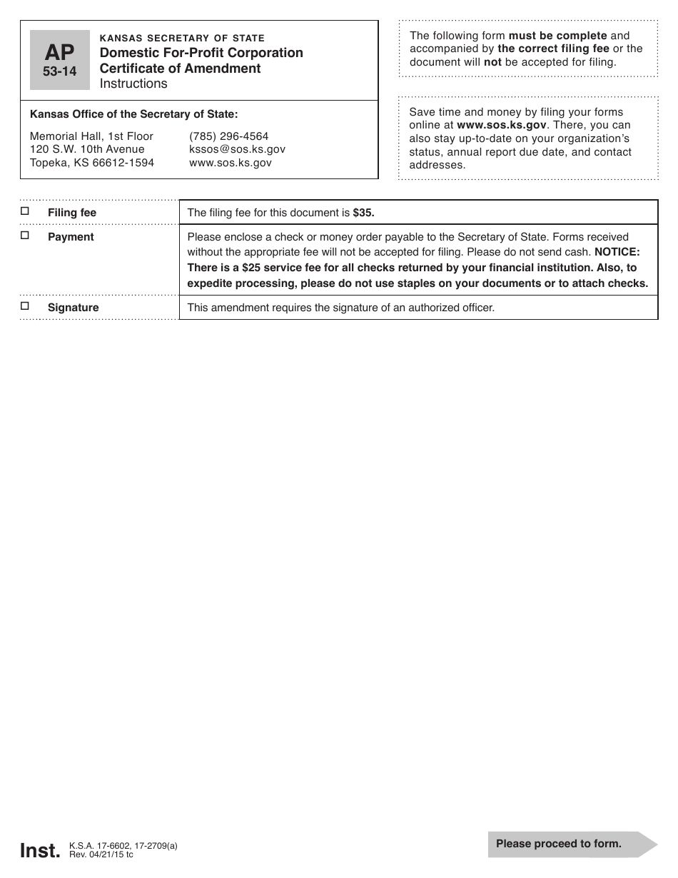 Form AP53-14 Domestic for-Profit Corporation Certificate of Amendment - Kansas, Page 1