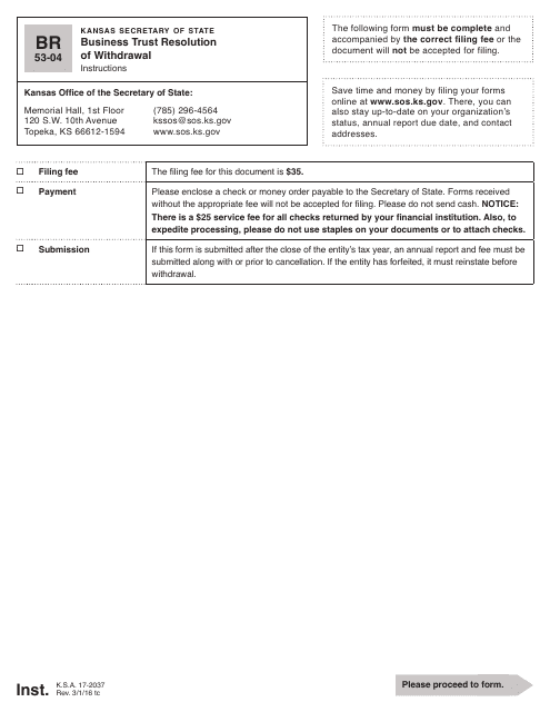 Form BR53-04 Business Trust Resolution of Withdrawal - Kansas
