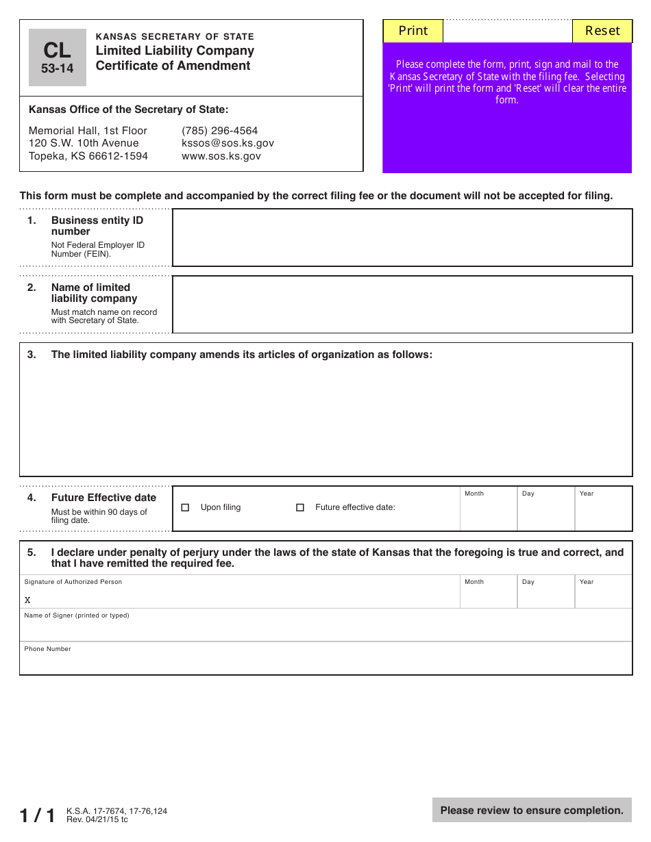 Form CL53-14 Limited Liability Company Certificate of Amendment - Kansas, Page 2