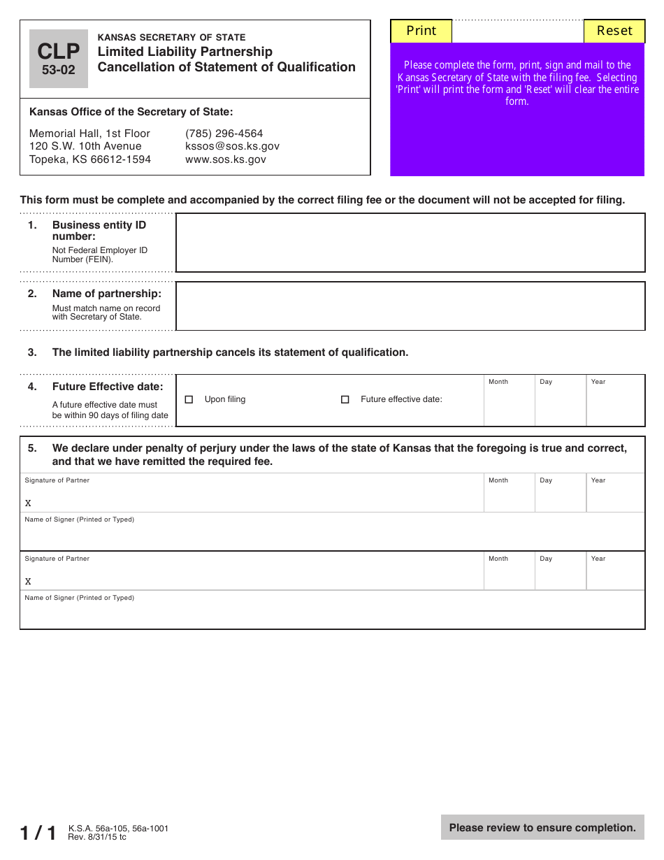 Form CLP53-02 Limited Liability Partnership Cancellation of Statement of Qualification - Kansas, Page 2