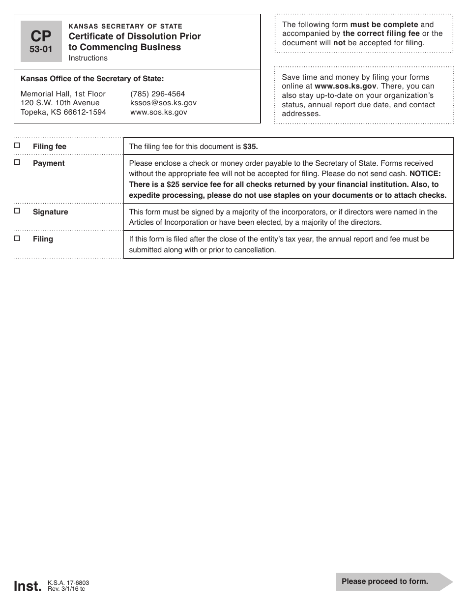 Form CP53-01 Certificate of Dissolution Prior to Commencing Business - Kansas, Page 1