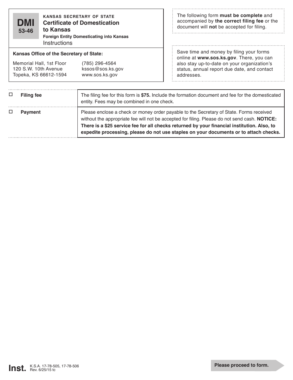 Form DMI53-46 Certificate of Domestication to Kansas - Kansas, Page 1