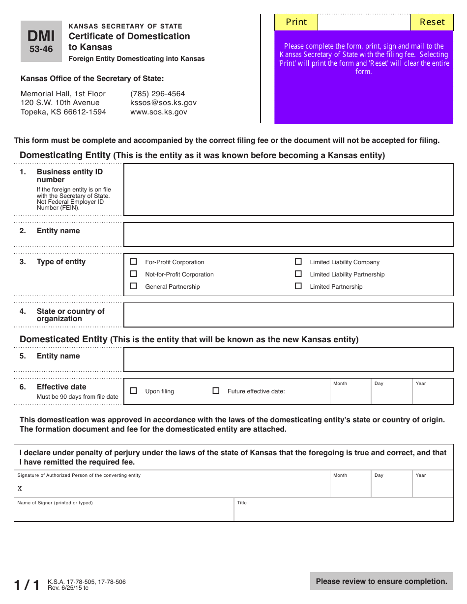 Form DMI53-46 Certificate of Domestication to Kansas - Kansas, Page 2