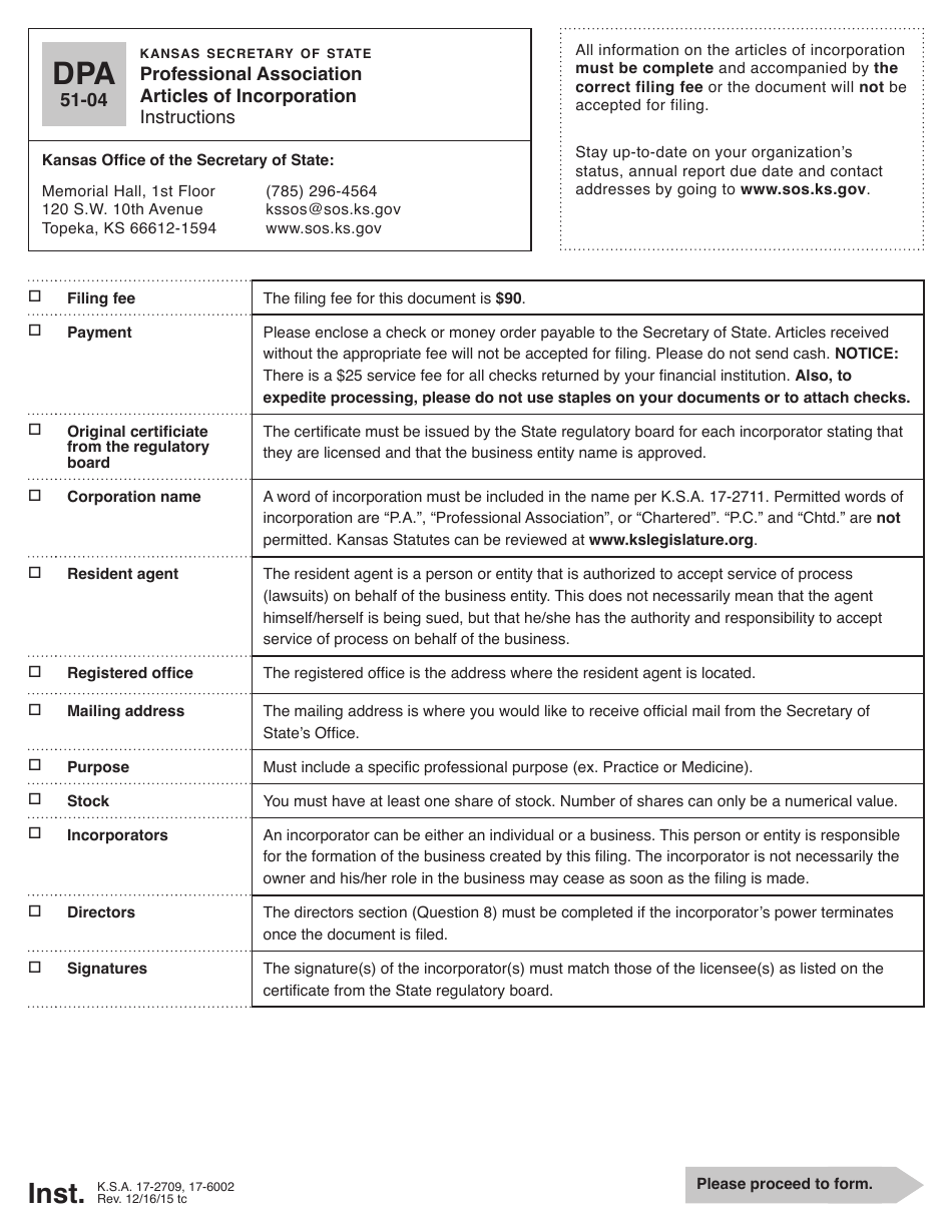Form DPA51-04 Professional Association Articles of Incorporation - Kansas, Page 1