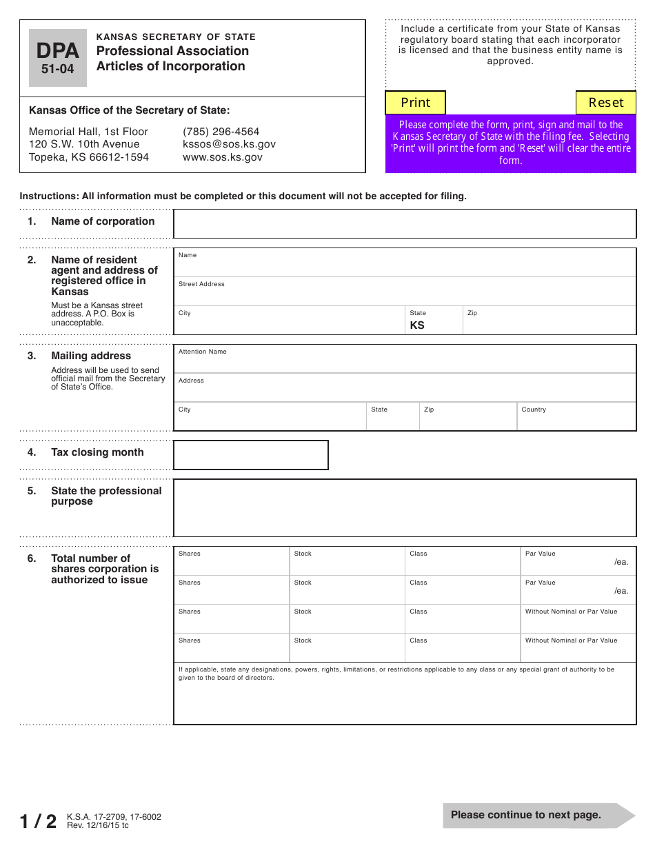 Form DPA51-04 Professional Association Articles of Incorporation - Kansas, Page 2