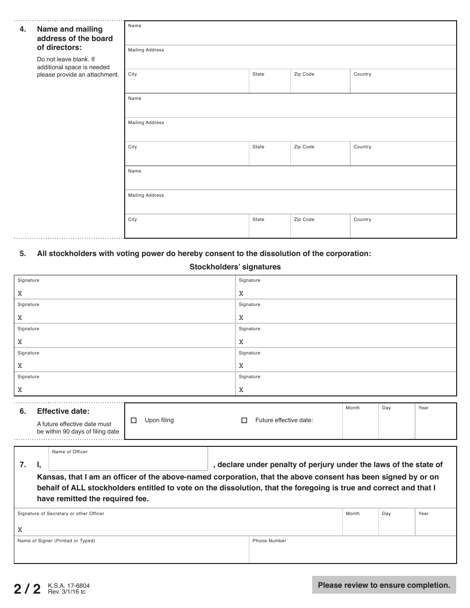 Form DW53-01 For-Profit Corporation Dissolution by Written Consent - Kansas, Page 3