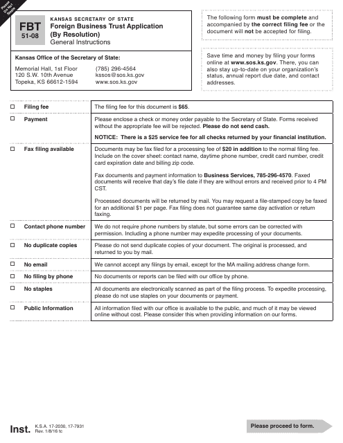 Form FBT51-08 Foreign Business Trust Application (By Resolution) - Kansas
