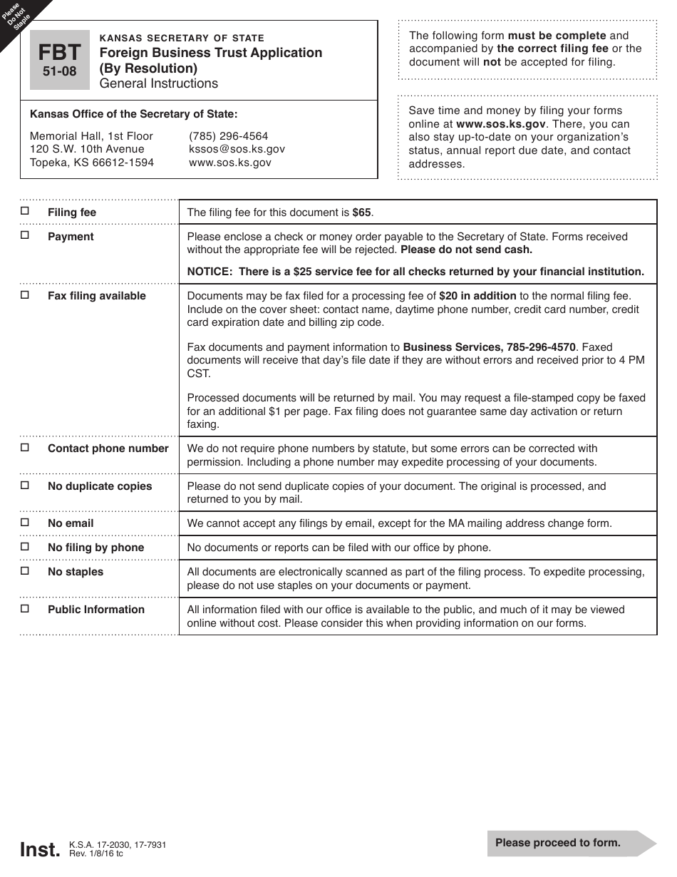 Form FBT51-08 Foreign Business Trust Application (By Resolution) - Kansas, Page 1