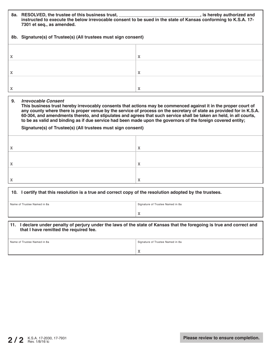 Form FBT51-08 Foreign Business Trust Application (By Resolution) - Kansas, Page 3