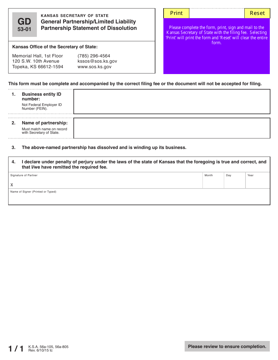 Form GD53-01 General Partnership / Limited Liability Partnership Statement of Dissolution - Kansas, Page 2