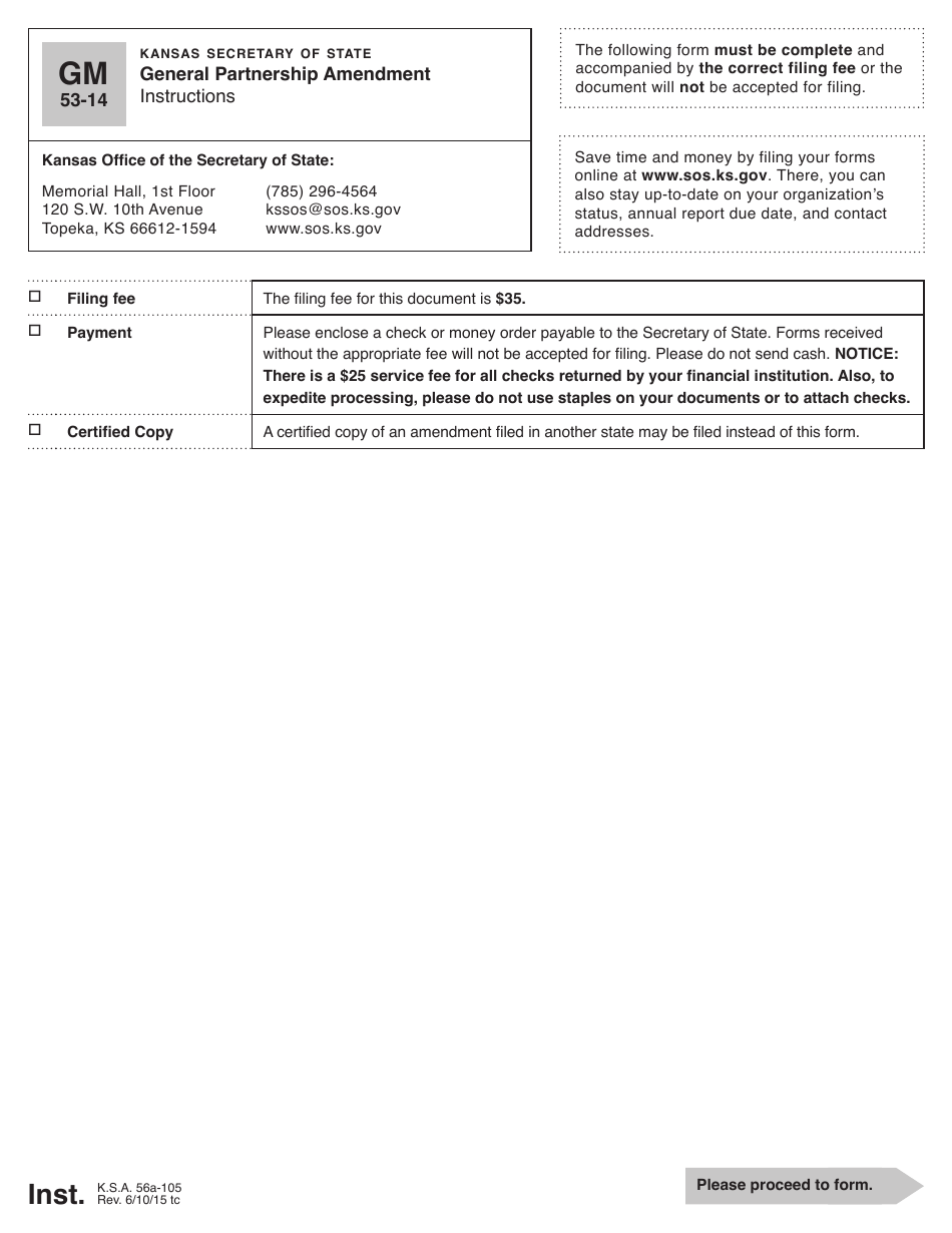 Form GM53-14 General Partnership Amendment - Kansas, Page 1