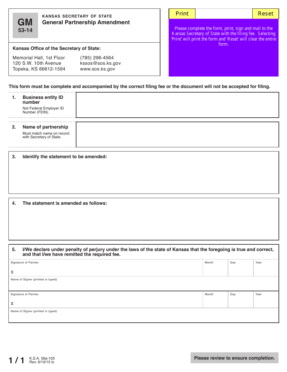 Form GM53-14 General Partnership Amendment - Kansas, Page 2