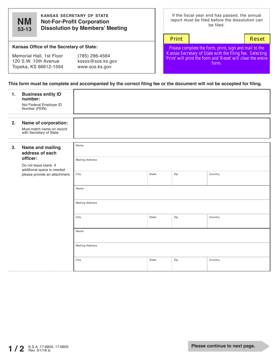 Form NM53-13 Not-For-Profit Corporation Dissolution by Members Meeting - Kansas, Page 2