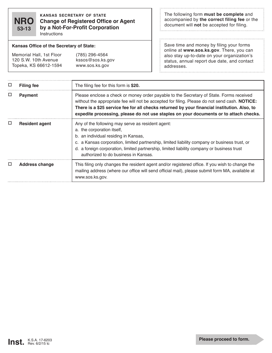 Form NRO53-13 Change of Registered Office or Agent by a Not-For-Profit Corporation - Kansas, Page 1