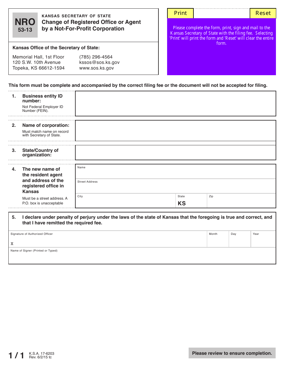 Form NRO53-13 Change of Registered Office or Agent by a Not-For-Profit Corporation - Kansas, Page 2