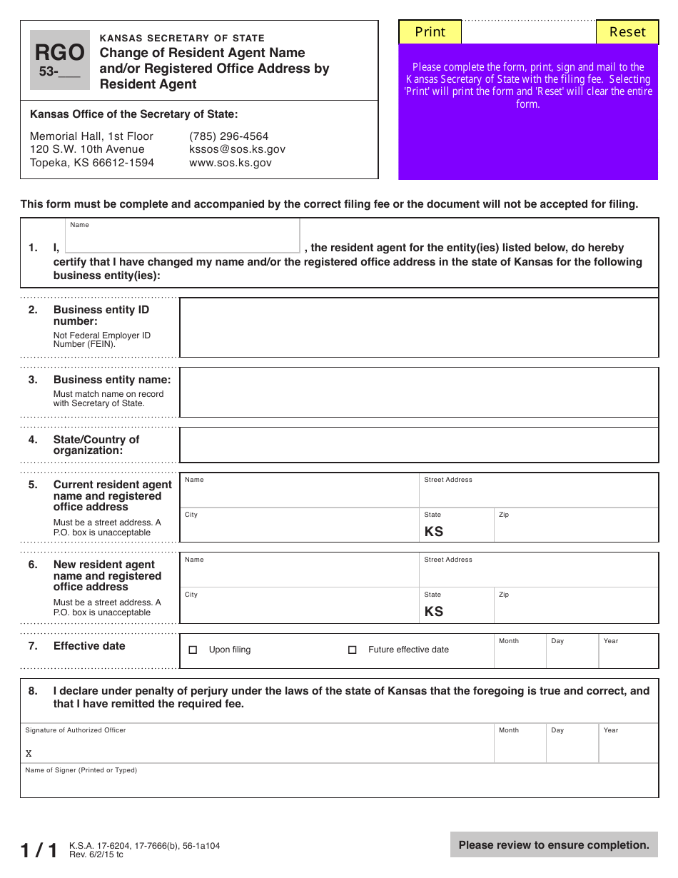 Form RGO53 Change of Resident Agent Name and / or Registered Office Address by Resident Agent - Kansas, Page 2
