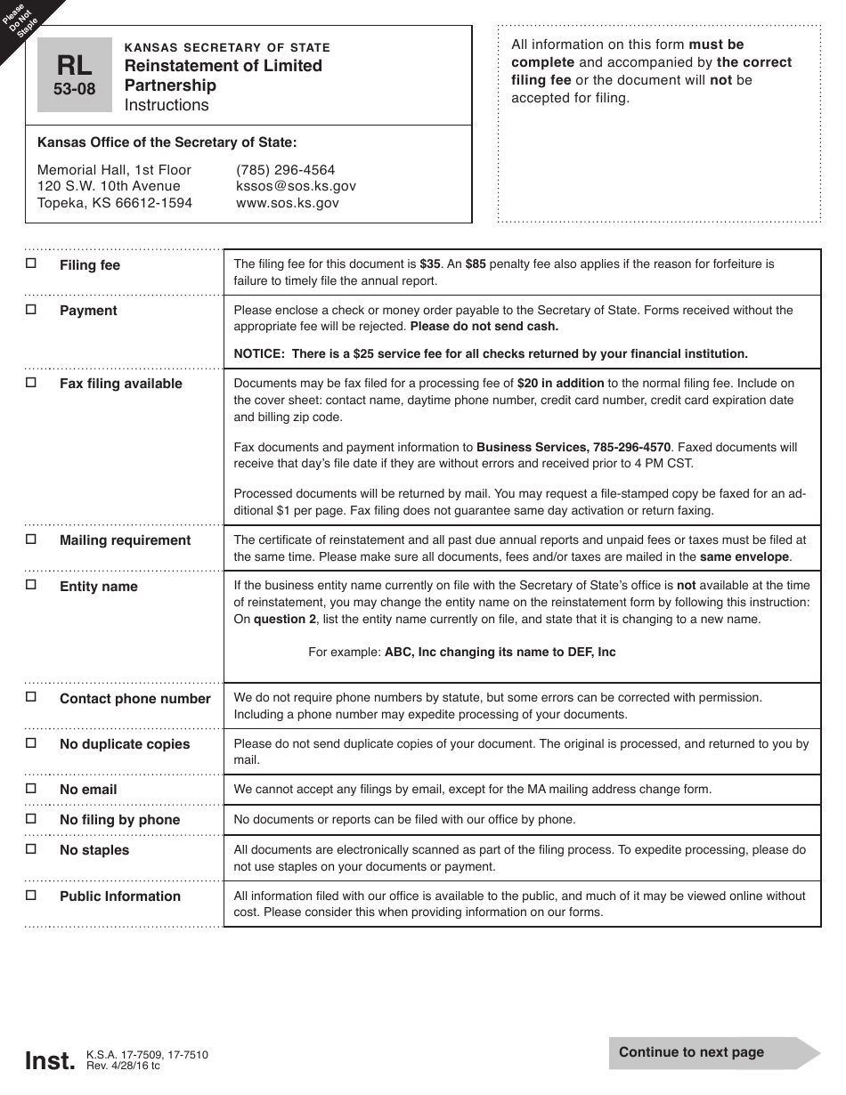 Form RL53-08 Reinstatement of Limited Partnership - Kansas, Page 1