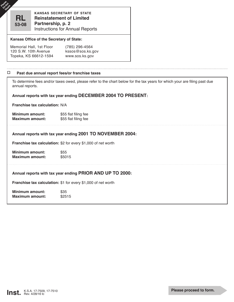 Form RL53-08 Reinstatement of Limited Partnership - Kansas, Page 2