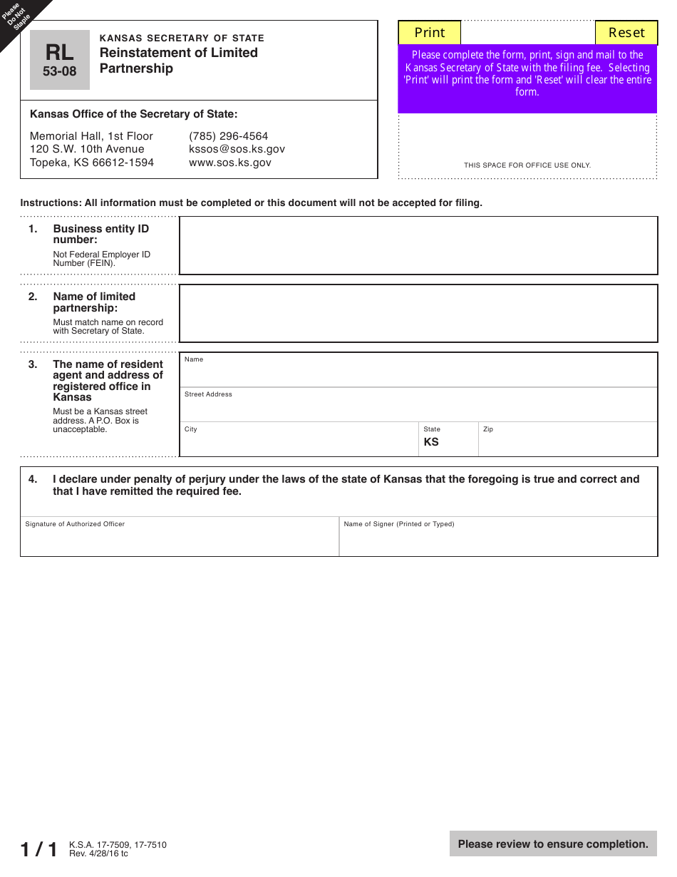 Form RL53-08 Reinstatement of Limited Partnership - Kansas, Page 3