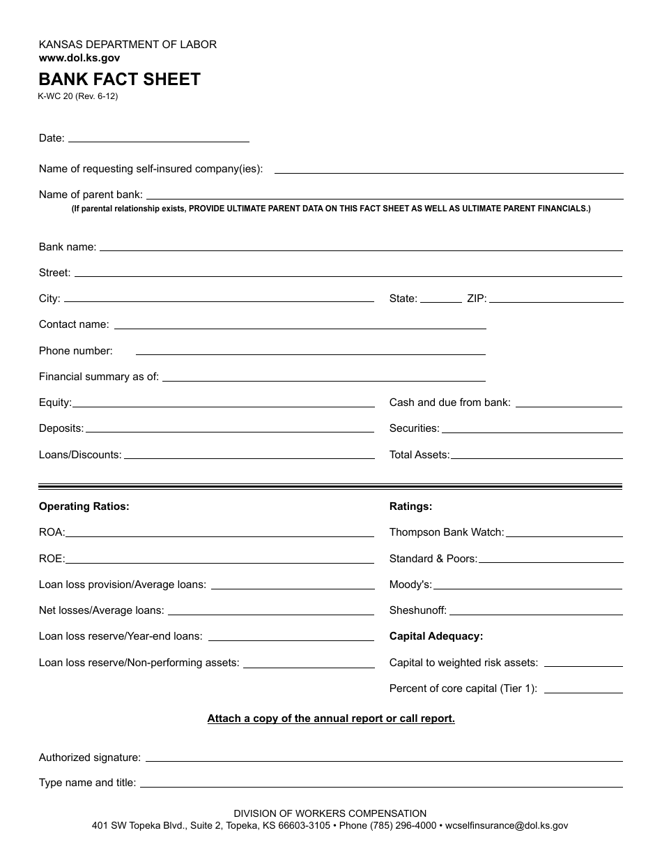 K-WC Form 20 Bank Fact Sheet - Kansas, Page 1