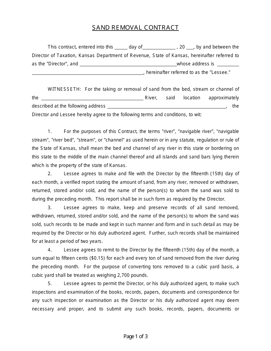 Form SR-6 Sand Removal Contract - Kansas, Page 1