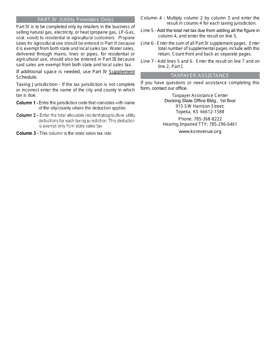 Form ST-36 Kansas Retailers Sales Tax Return - Part IV - Utility Companies Supplement - Kansas, Page 1