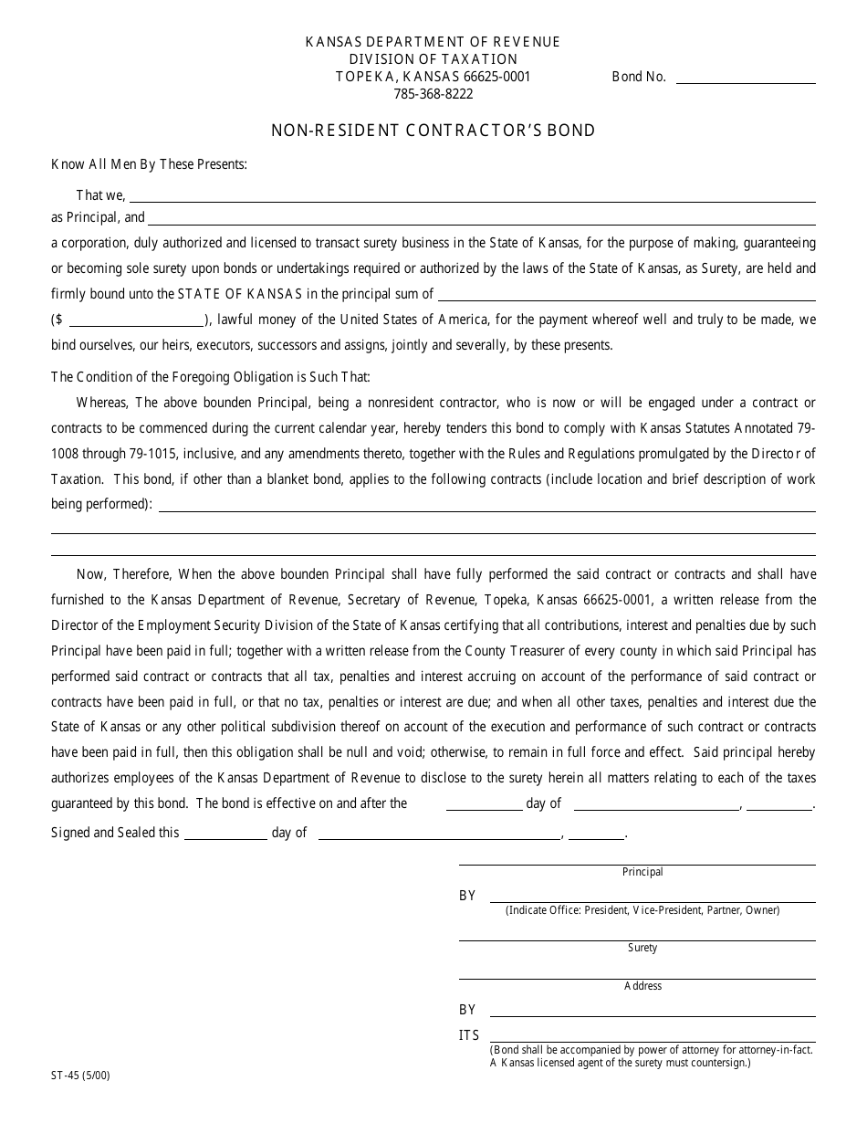 Form ST-45 Non-resident Contractors Bond - Kansas, Page 1