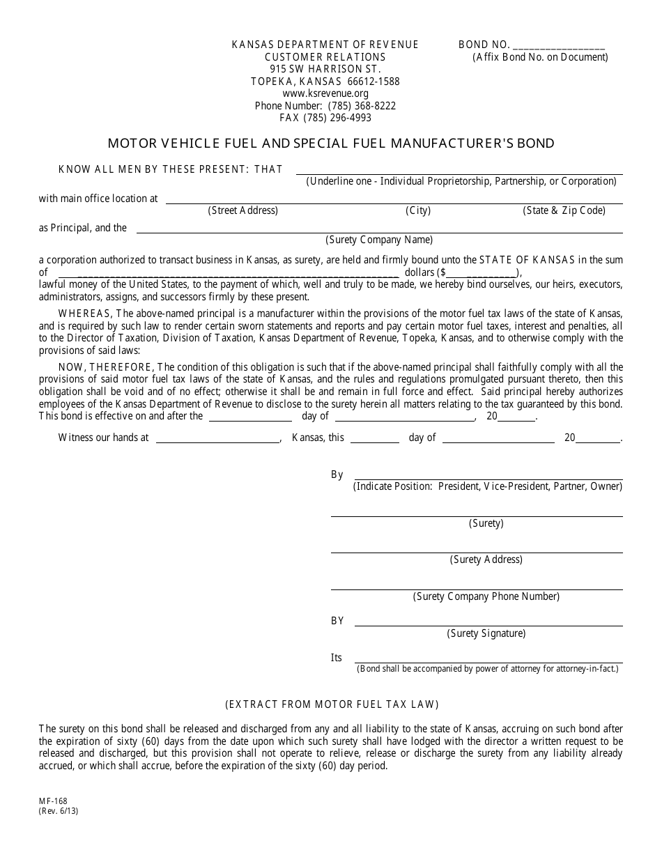 Form MF-168 Motor Vehicle Fuel and Special Fuel Manufacturers Bond - Kansas, Page 1