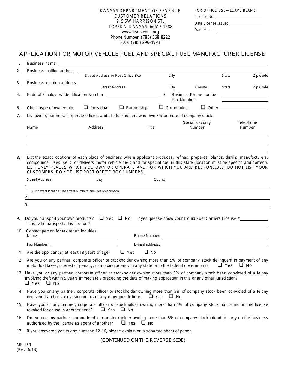 Form MF-169 Application for Motor Vehicle Fuel and Special Fuel Manufacturer License - Kansas, Page 1
