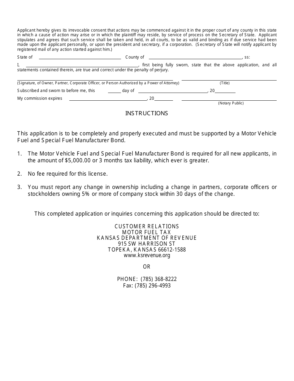 Form MF-169 Application for Motor Vehicle Fuel and Special Fuel Manufacturer License - Kansas, Page 2