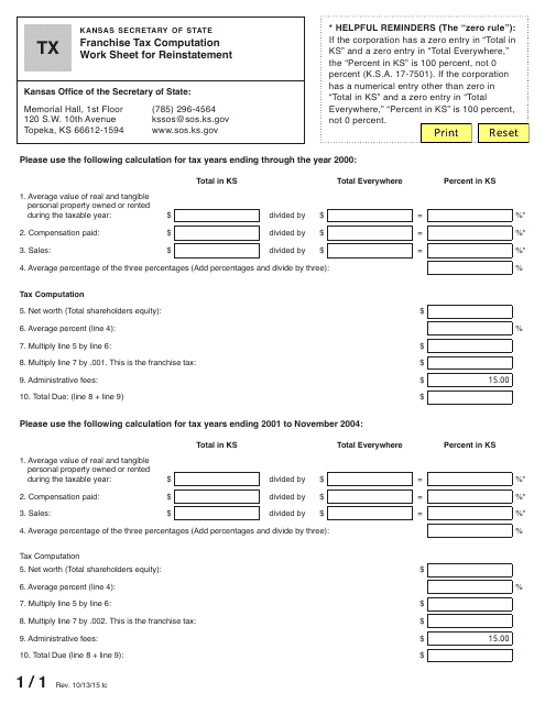 Form TX Franchise Tax Computation Work Sheet for Reinstatement - Kansas