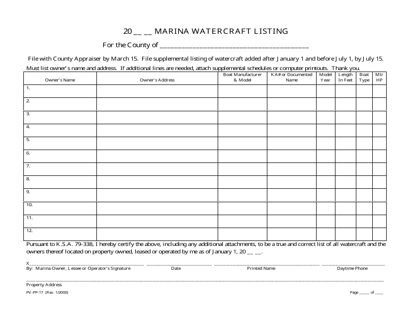 Form PV-PP-17 Marina Watercraft Listing - Kansas