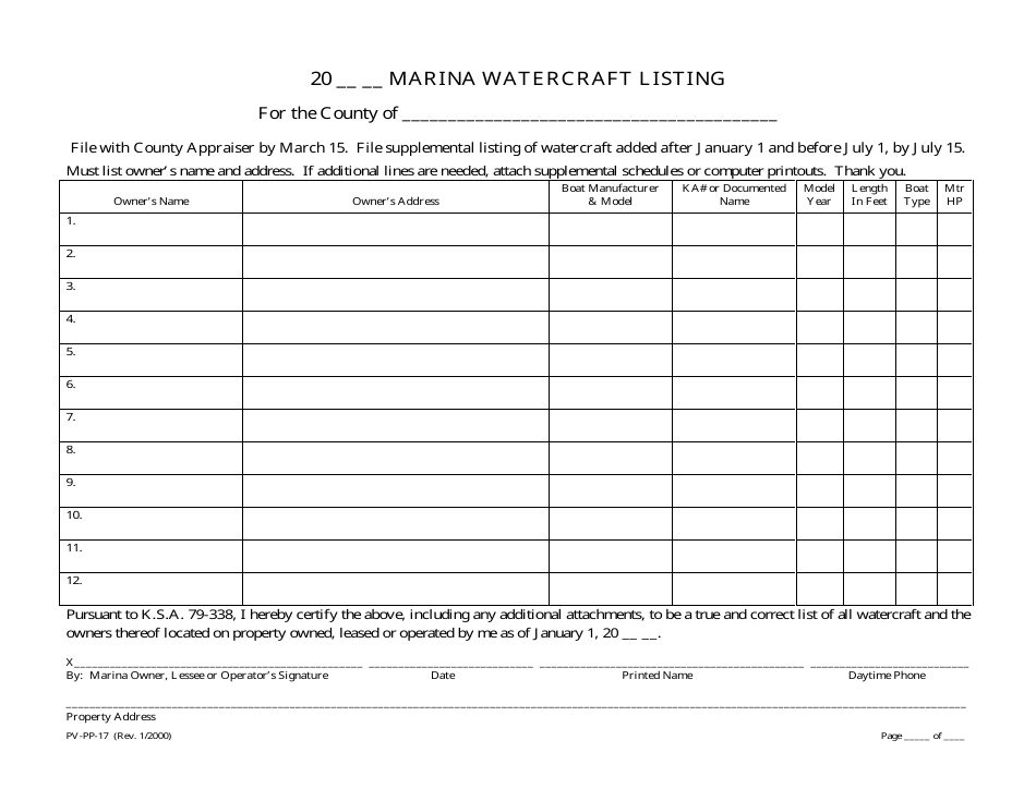 Form PV-PP-17 Marina Watercraft Listing - Kansas, Page 1