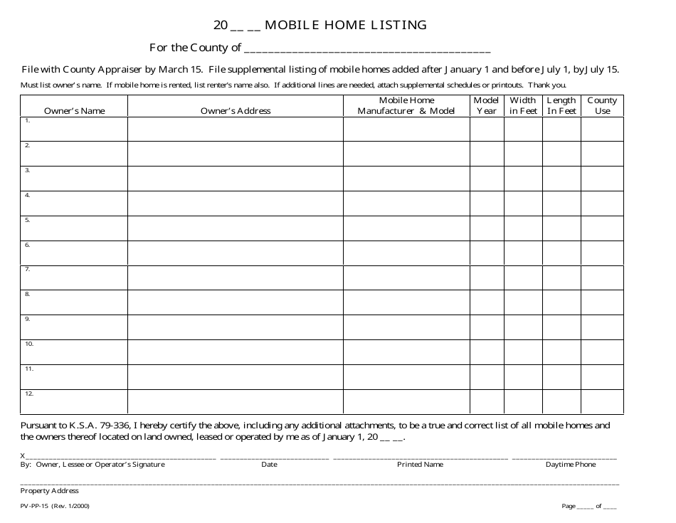 Form PV-PP-15 Mobile Home Listing - Kansas, Page 1