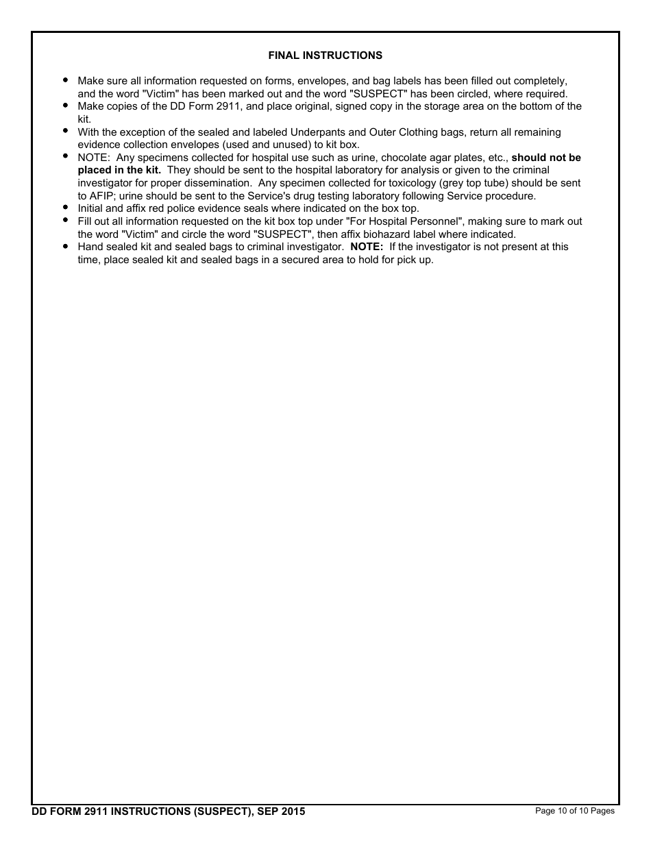 Instructions for DD Form 2911 DoD Sexual Assault Forensic Examination (Safe) Report - Suspect, Page 10