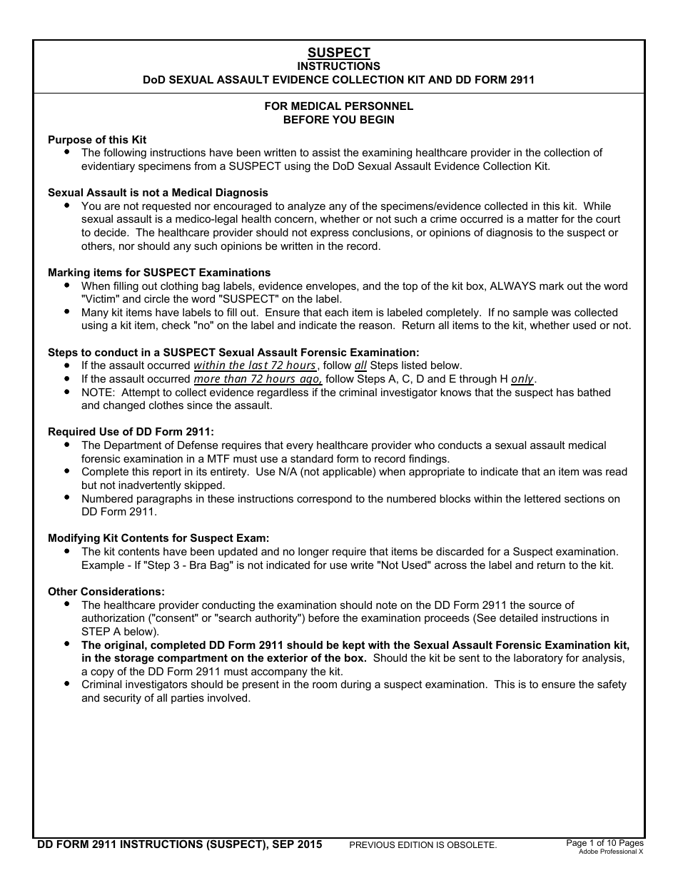 Instructions for DD Form 2911 DoD Sexual Assault Forensic Examination (Safe) Report - Suspect, Page 1