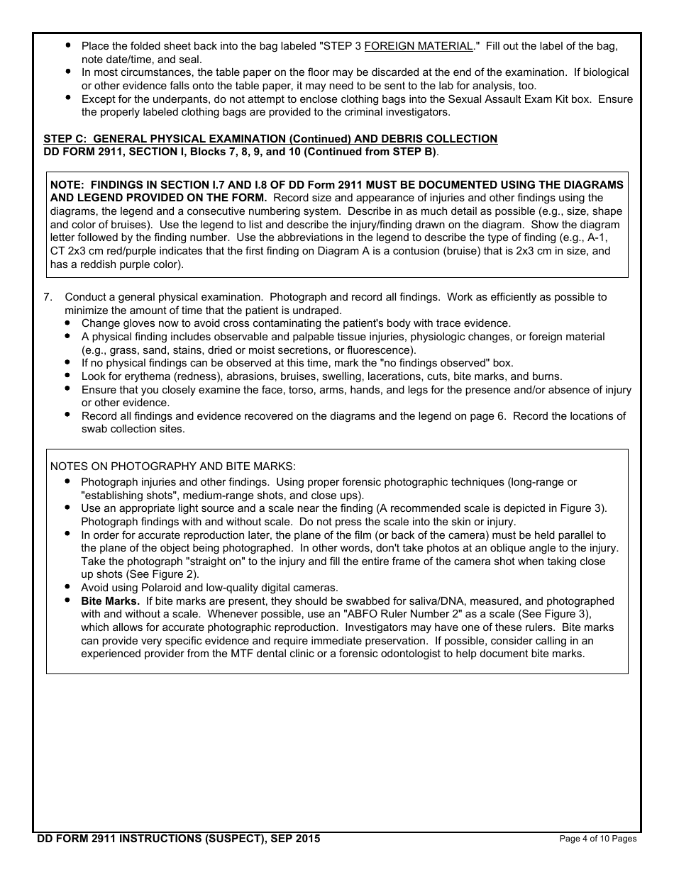 Instructions for DD Form 2911 DoD Sexual Assault Forensic Examination (Safe) Report - Suspect, Page 4