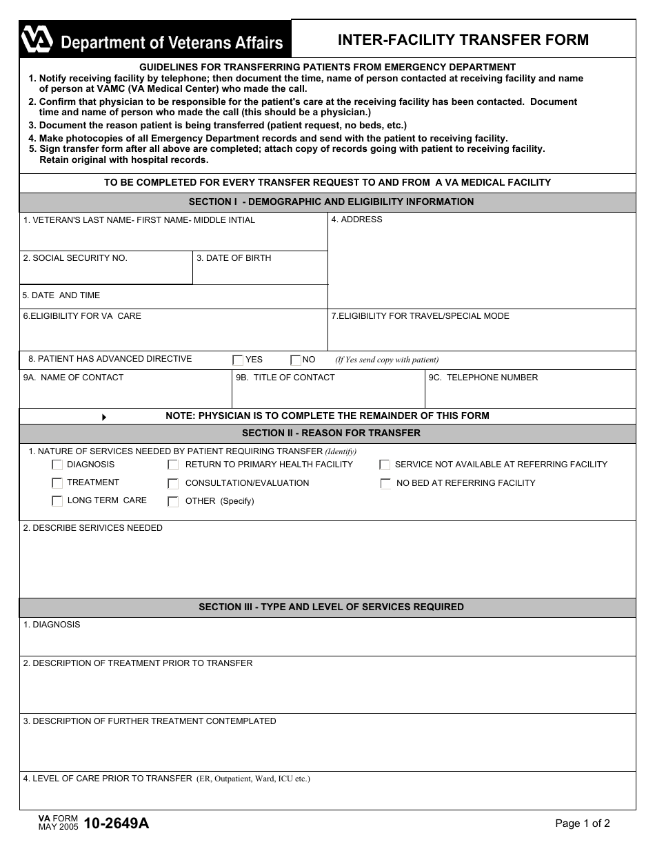 VA Form 10-2649A Inter-Facility Transfer Form, Page 1