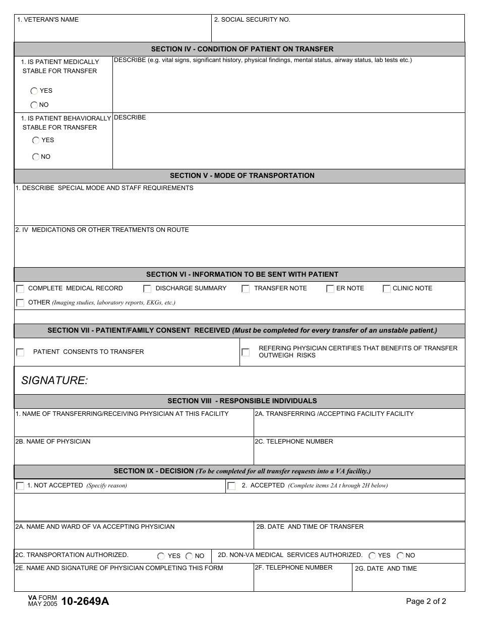 VA Form 10-2649A Inter-Facility Transfer Form, Page 2