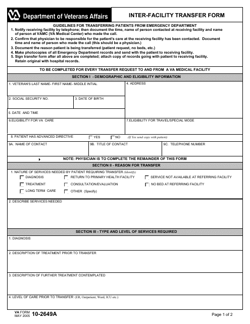 VA Form 10-2649A Inter-Facility Transfer Form