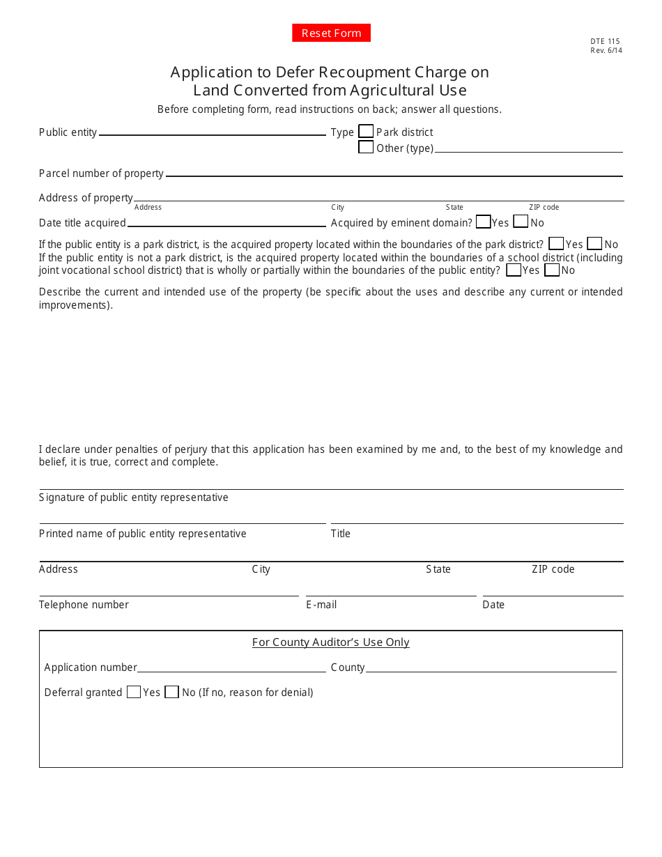 Form DTE115 Application to Defer Recoupment Charge on Land Converted From Agricultural Use - Ohio, Page 1