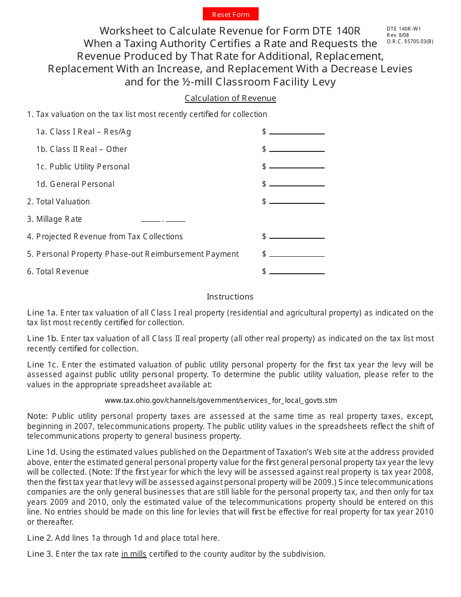 Form DTE140R-W1 140r Worksheet for Additional, Replacement, Replacement With an Increase and Replacement With a Decrease Levies and 1 / 2-mill Classroom Facility Levy - Ohio, Page 1