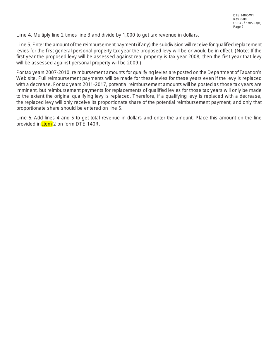 Form DTE140R-W1 140r Worksheet for Additional, Replacement, Replacement With an Increase and Replacement With a Decrease Levies and 1 / 2-mill Classroom Facility Levy - Ohio, Page 2