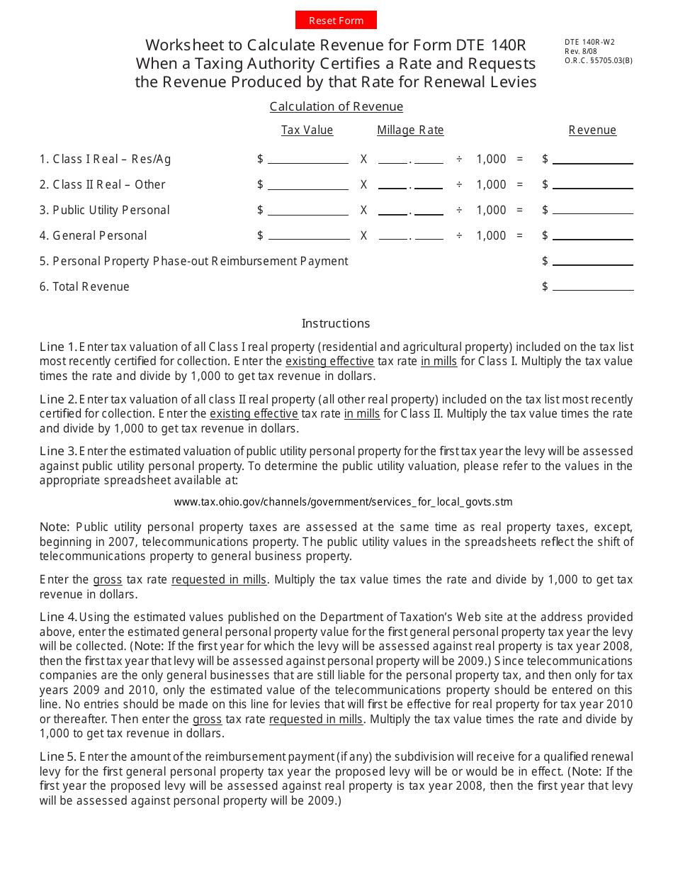 Form DTE140R-W2 140r Worksheet for Renewal Levies - Ohio, Page 1