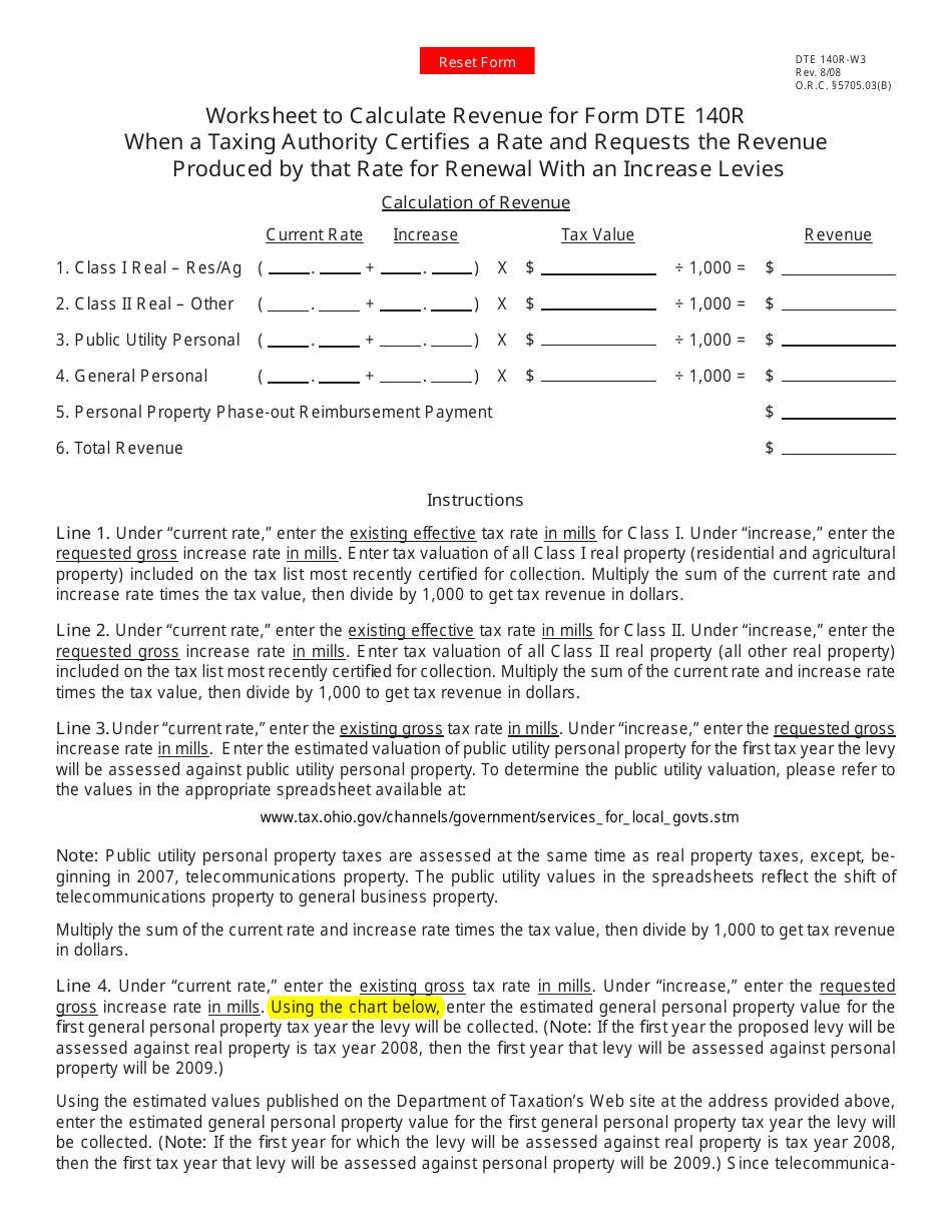 Form DTE140R-W3 140r Worksheet for Renewal With an Increase Levies - Ohio, Page 1