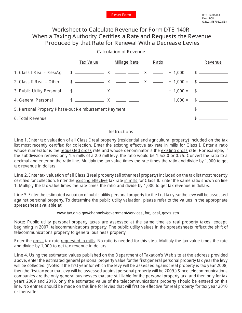 Form DTE140R-W4 140r Worksheet for Renewal With a Decrease Levies - Ohio, Page 1