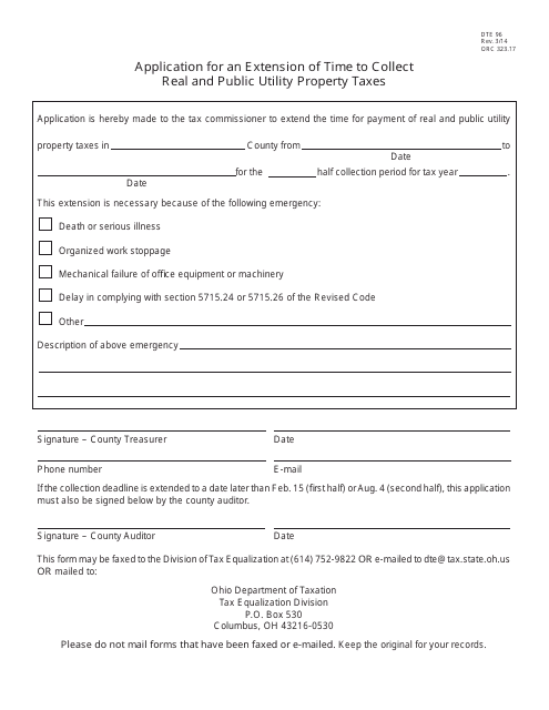 Form DTE96 Application for an Extension of Time to Collect Real and Public Utility Property Taxes - Ohio